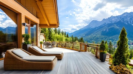 Fototapeta premium luxury mountain chalet deck & view - luxury real estate