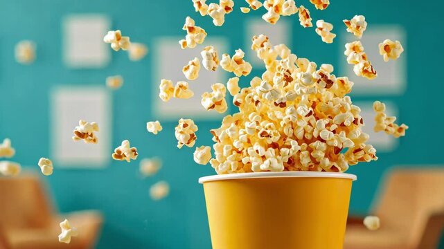 Vibrant popcorn explosion in cozy living room setting