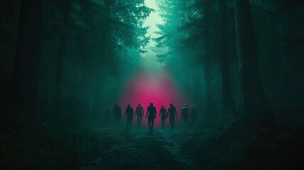 Fototapeta premium Silhouetted figures walk a foggy forest path towards a pink glow