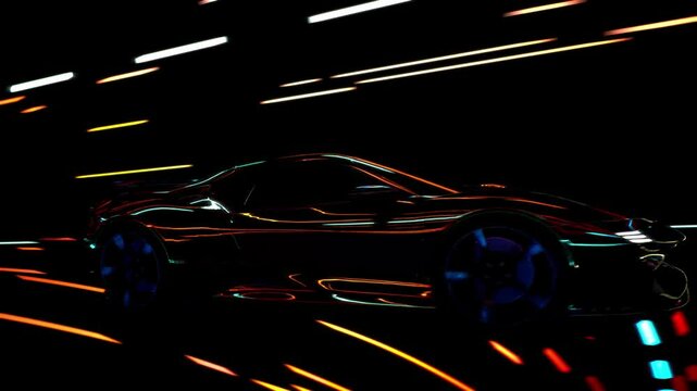 3D Speeding Sports Car On Neon. Powerful Acceleration Of A Supercar On A Night Track With Colorful Lights And Trails. 3D Animation
