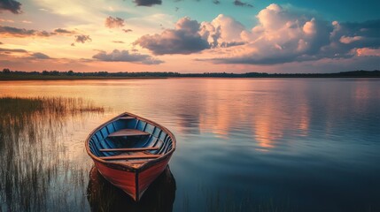 Sunset over tranquil lake with a wooden boat anchored peacefully on the shore