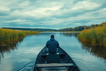 Traditional Fisherman Leg-Rowing on Boat at Sunset. Beautiful simple AI generated image