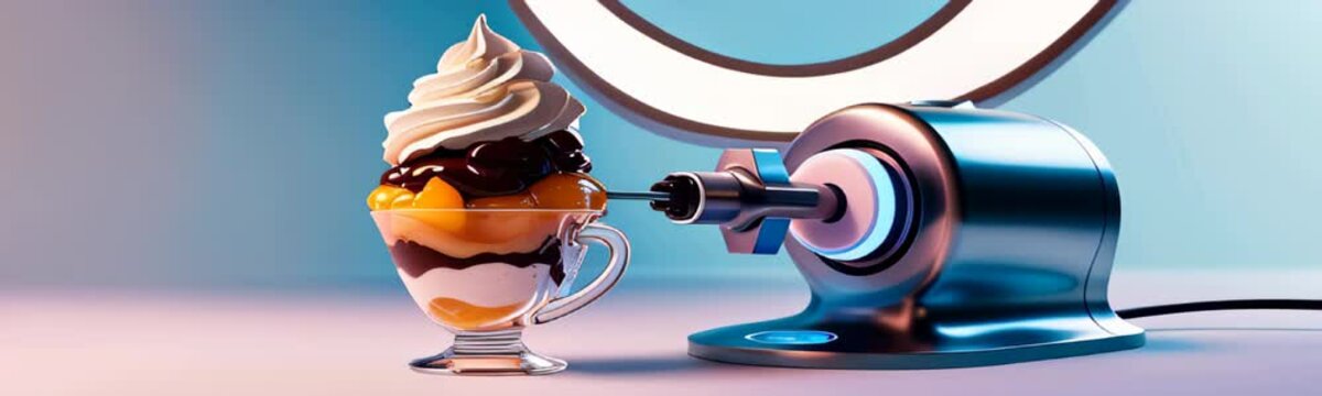 A futuristic 3D food printer dispensing chocolate sauce onto a layered dessert in a glass cup. The dessert features whipped cream, mango chunks. Summer dessert