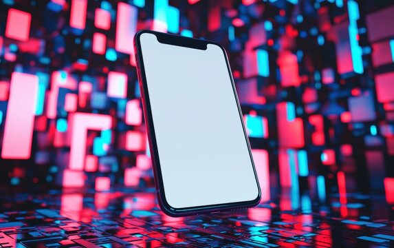 A premium smartphone mockup with a large blank display, levitating in a digital glitch effect background with pixel distortions