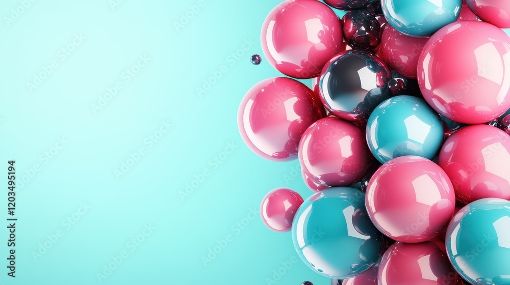 Poster a dynamic visual of colorful glossy spheres clustered together, creating a sense of depth and moveme