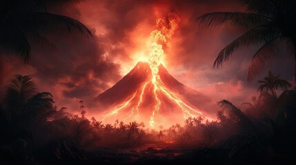 Volcanic Fury Amidst Lush Landscape, Erupting Lava Illuminates Vibrant Greenery, Dynamic Natural Contrast, Awe-Inspiring Geophysical Event
