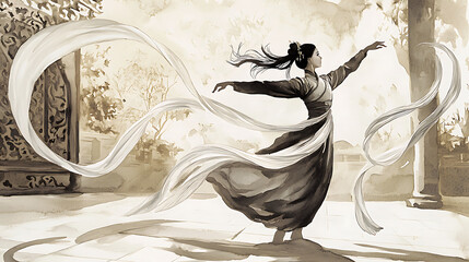 A woman in a long dress is dancing with a long white ribbon. generated using AI