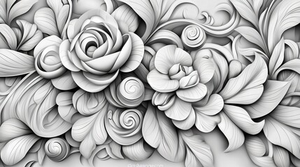 Black-and-white artistic sketch of intricate flowers with swirling leaves