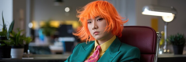 Vibrant portrait of a man with orange hair in a green suit