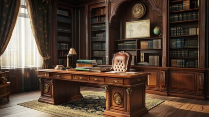 Elegant Wooden Desk in Classic Office Setting with Bookshelves