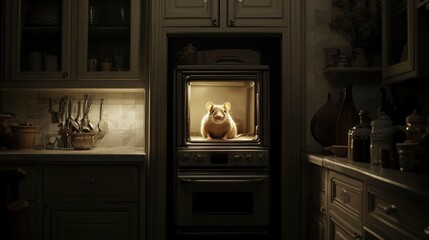 Mouse Inside Kitchen Oven Illuminated Darkly