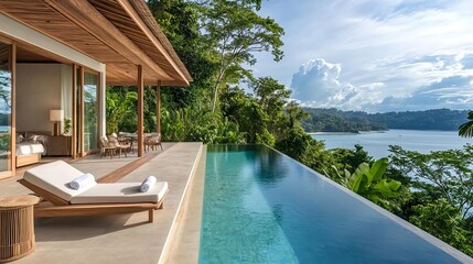 Fototapeta premium luxury villa infinity pool ocean view - minimalist architecture