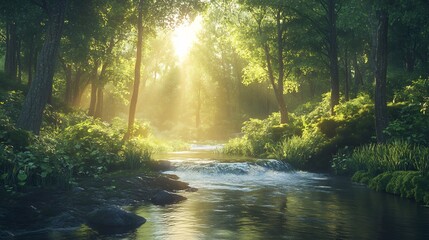 Obraz premium Serene forest stream glows warmly in sunlight peaceful tranquil landscape. AI Generated
