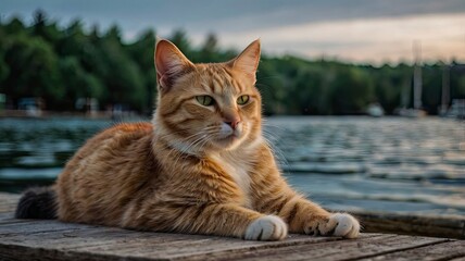 Obraz premium Stray cat relaxing on the dock in the evening