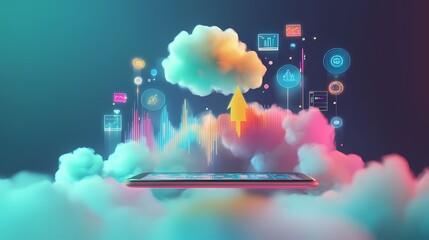 Colorful Digital Cloud Computing Concept with Smartphone, Data Visualization Elements, and Musical Waveforms Representing Technology and Networking