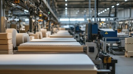 Naklejka premium High-tech bed manufacturing facility showcasing precision machinery cutting wooden bed frames and assembling mattresses.