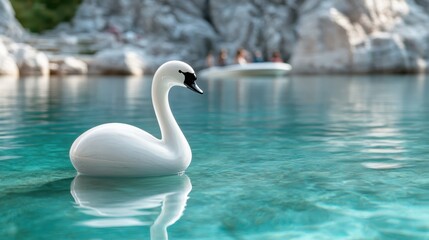Obraz premium A whimsical image of a white inflatable swan floating on crystal clear water, perfect for capturing the essence of summer leisure and relaxation.