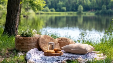 Lakeside Picnic Basket With Treats And Flowers