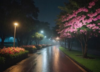 A beautifully arranged row of flowers along the roadside at night