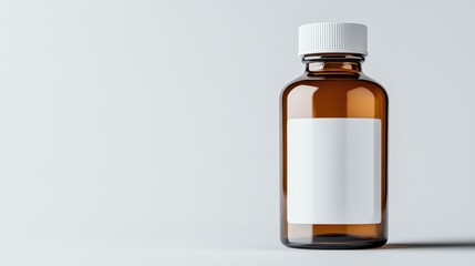 An empty brown glass bottle with a white cap, placed on a pale background, highlights minimalist design and serves as a canvas for branding or labeling purposes.