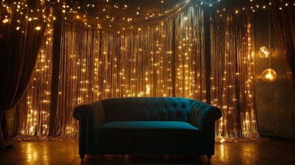 A stylish photo backdrop with shimmering gold streamers and glowing fairy lights.