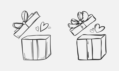 Hand drawn illustration of two open gift boxes with hearts in line art style