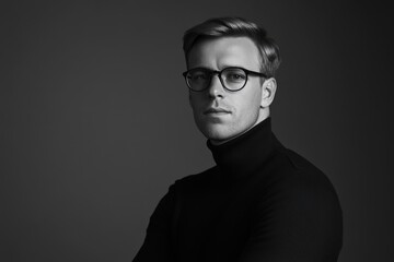 Stylish man wearing glasses in a black turtleneck against a dark backdrop with a confident expression