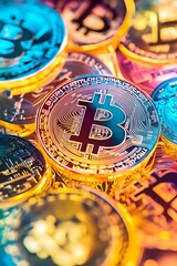 Close-up shot of various colorful cryptocurrencies, including Bitcoin, Litecoin, Ethereum, and others.  Illustrates the digital currency market.