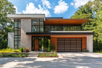 Modern architectural design of a stylish home with large glass windows and wooden accents nestled in a lush green landscape