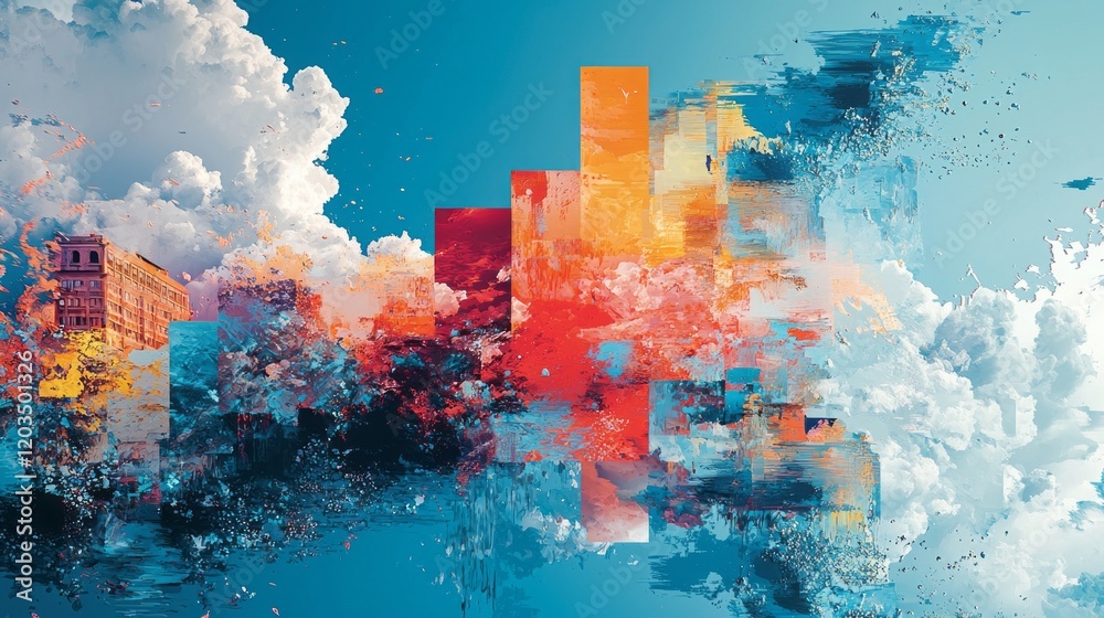 Poster bright hues merge cityscapes with swirling clouds, creating a stunning display of color and texture.