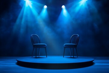 Elegant Blue Stage Setting with Two Armchairs