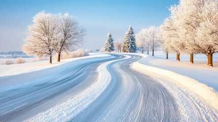 Obraz premium The snow covered trees lining the winding road create a serene and picturesque scene, with the only sound being the soft crunch of tires on the icy pavement.