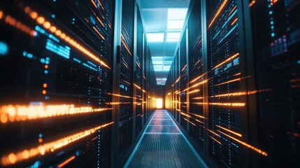 Shot of Corridor in Working Data Center Full of Rack Servers and Supercomputers with High Internet Visualisation Projection.