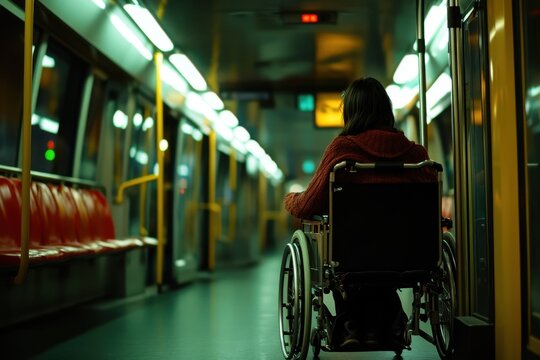 Person in wheelchair navigating accessible public transport showcasing crucial infrastructure for inclusivity