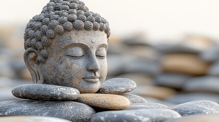 Fototapeta premium Serene Buddha head statue rests on smooth stones.