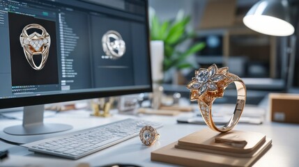 Jewelry designers focused on computer screens, crafting complex ring designs using CAD software, sleek modern workspace.