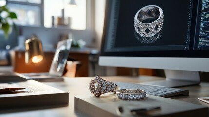 Jewelry designers focused on computer screens, crafting complex ring designs using CAD software, sleek modern workspace.