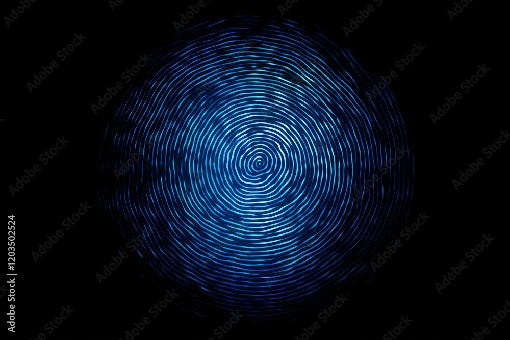 Poster abstract blue circular light trails forming a fingerprint pattern, representing concepts like cybers