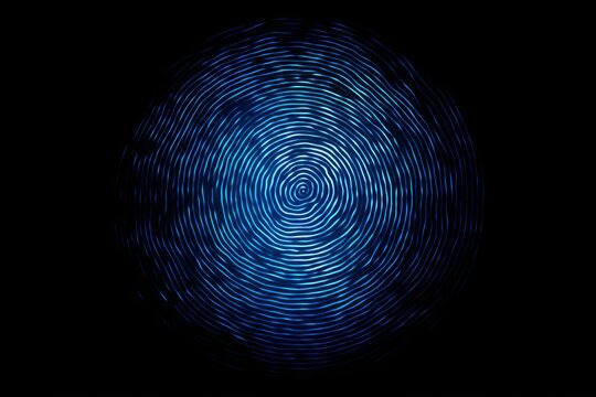 Abstract blue circular light trails forming a fingerprint pattern, representing concepts like cybersecurity, data protection, and identity verification
