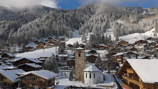 Aerial View of Church in Adelboden, Switzerland in winter