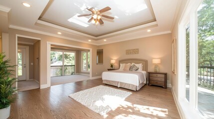 Spacious master bedroom with hardwood floors, natural light, and access to balcony. Ideal for real estate listings