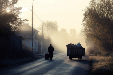 Early morning street cleaner pulling a trash cart along a quiet road, fog and soft light in the scene.