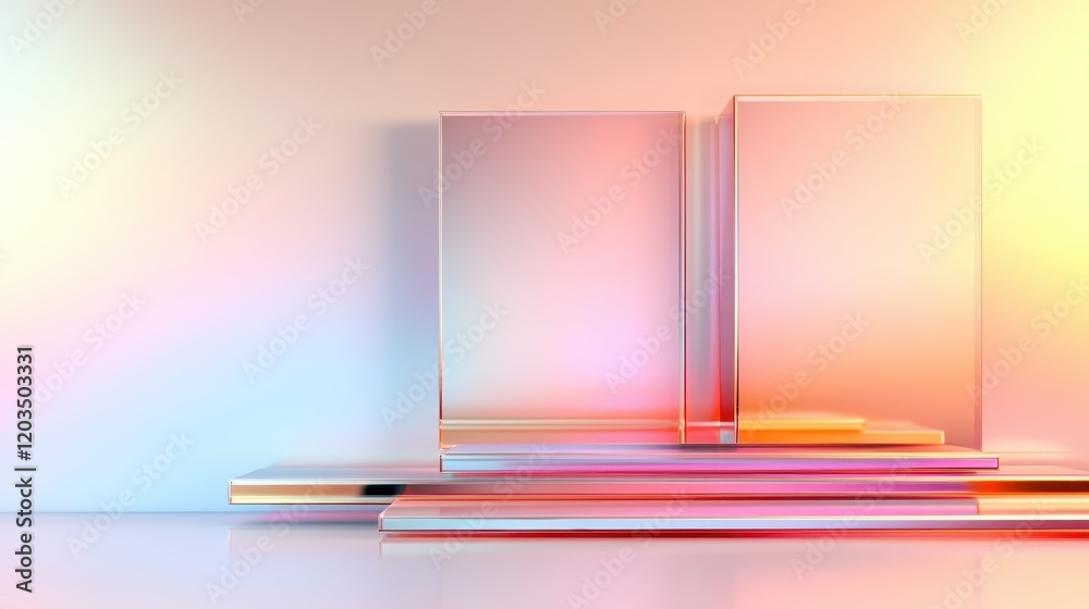 Poster this image features glossy abstract blocks reflecting soft colors, creating a visually striking comp