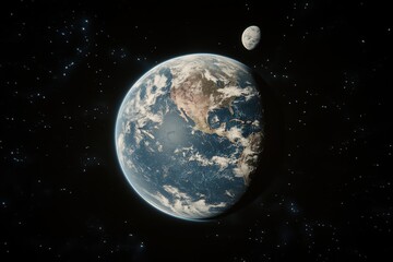 Fototapeta premium A breathtaking 8K image of a planet seen from orbit, enveloped in a thick atmosphere with clouds, continents, and oceans, accompanied by two moons in the background.