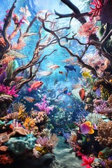 Vibrant underwater scene. Colorful coral reef teeming with diverse fish.  A stunning view of ocean life.