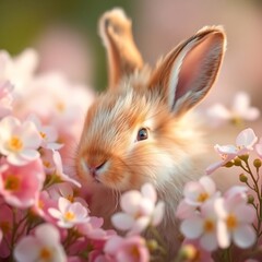 Adorable bunny rabbit nestled in pink flowers.
