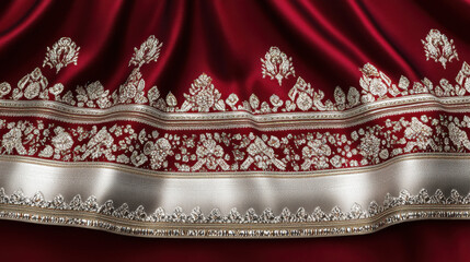 Luxurious red silk fabric with ornate silver floral patterns and intricate details