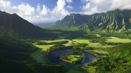 Fototapeta premium Aerial view of lush valley, river, mountains, ocean backdrop, travel brochure