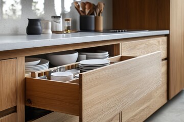 Modern kitchen with wooden cabinetry and organized dinnerware in drawers during daylight hours