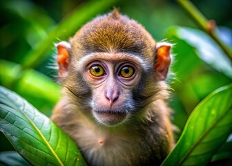 Fototapeta premium Adorable Baby Monkey in Lush Forest, Close-up Macro Shot